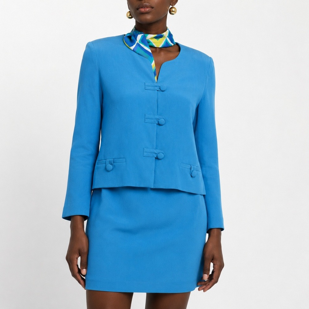 90s Vintage Adrianna Papell Silk Skirt Suit Womens 10 Turquoise Blue Asian Knot